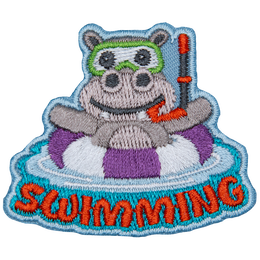 A hippo in a purple and white striped life preserver above the word Swimming.