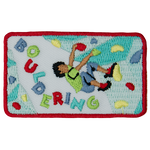 A young person on a climbing wall beside the word Bouldering.