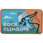 The words Rock Climbing next to a person climbing a cliff, wearing a rock climbing harness. 