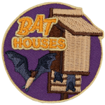 The words Bat Houses next to three bats and a bat house.