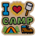 The words I love Camp are above a tent and hiking boot. The word Love is a heart.