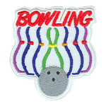 A bowling ball and rainbow pins beneath the word Bowling.