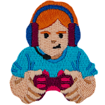 A red-haired person holding a controller, wearing a headset.