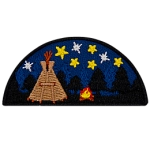 A tipi under the stars next to a campfire.
