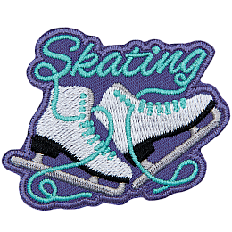 Two white figure skates are underneath the word Skating in cyan.