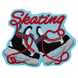 Two black and white hockey skates under red lettered Skating.