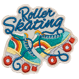Two cyan roller skates with an orange and yellow rainbow on the heels.