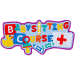 The words Babysitting Course are surrounded by toys and a first aid kit.