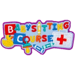 The words Babysitting Course are surrounded by toys and a first aid kit.