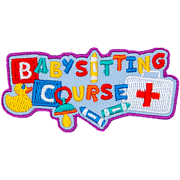 The words Babysitting Course are surrounded by toys and a first aid kit.