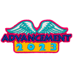 The word Advancement and the number 2023 are under a pair of white wings.