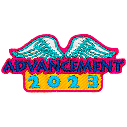 The word Advancement and the number 2023 are under a pair of white wings.