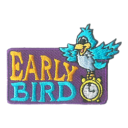 The words Early Bird are next to a blue bird on an alarm clock.