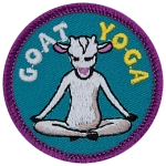The words Goat Yoga are above an anthropomorphic goat doing yoga.