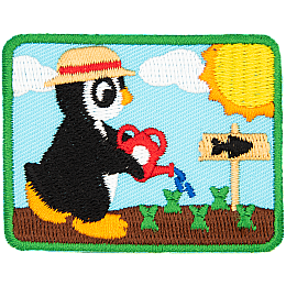 A penguin with a sun hat waters his sprouts.