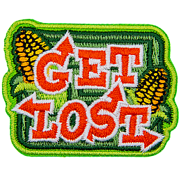 The words Get Lost are in a font made of arrows. Behind them are a corn maze and two ears of corn.