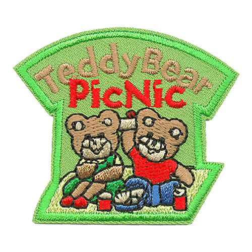 TeddyBear Picnic is stitched above. Two teddy bears snack on sandwiches and juice below.