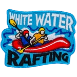 A red raft rocks in the choppy water as two riders paddle. The text White Water is at the top of the crest, and Rafting is at the bottom.
