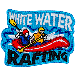 A red raft rocks in the choppy water as two riders paddle. The text White Water is at the top of the crest, and Rafting is at the bottom.