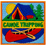 A blue and yellow tent sits behind a red canoe. The words Canoe Tripping are across the middle.