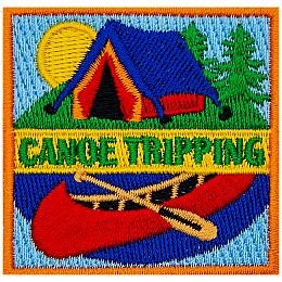 A blue and yellow tent sits behind a red canoe. The words Canoe Tripping are across the middle.