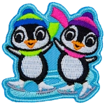 Two penguins skate on a swirl of ice. Both penguins wear winter hats and scarves.