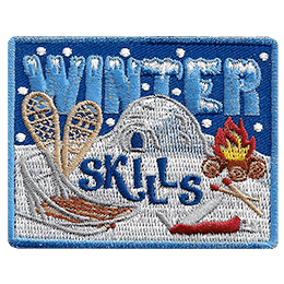 Snow falls on an igloo. A campfire, matches, dogsled and snowshoes can be seen. Winter Skills is stitched into the background.