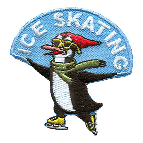 A skating penguin with a hat, scarf and sunglasses holds up a chunk of ice that says Ice Skating.