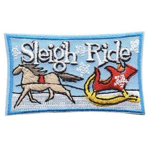 A red sleigh is being pulled by a grey horse through snowfall.
