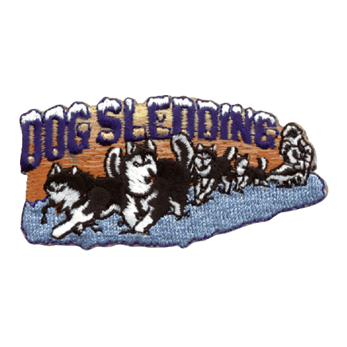 Huskies pull a dog sled. The words Dog Sledding are above them in the sunset.