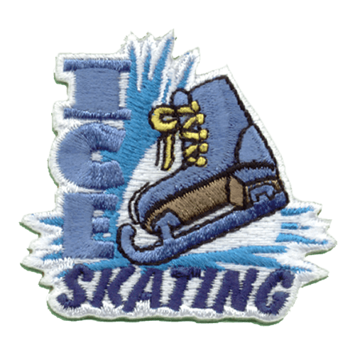 A blue ice skate sprays ice everywhere by skidding to a halt. The words Ice Skating are stitched in an L shape around it.