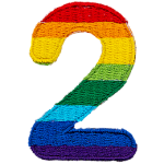 This patch is the number 2 in a bold font. It is coloured by descending rainbow stripes.