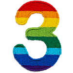 This patch is the number 3 in a bold font. It is coloured by descending rainbow stripes.