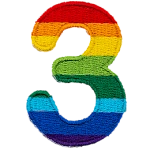 This patch is the number 3 in a bold font. It is coloured by descending rainbow stripes.