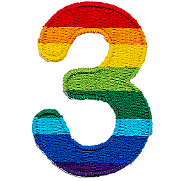 This patch is the number 3 in a bold font. It is coloured by descending rainbow stripes.