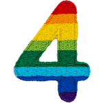 This patch is a rainbow number 4 in a bold font. It is coloured by descending rainbow stripes.