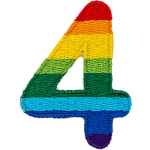 This patch is a rainbow number 4 in a bold font. It is coloured by descending rainbow stripes.