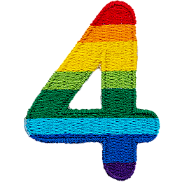 This patch is a rainbow number 4 in a bold font. It is coloured by descending rainbow stripes.