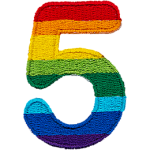 This patch is the number 5 in a bold font. It is coloured by descending rainbow stripes.