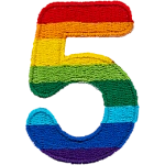 This patch is the number 5 in a bold font. It is coloured by descending rainbow stripes.