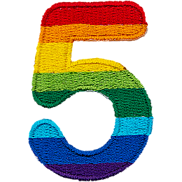 This patch is the number 5 in a bold font. It is coloured by descending rainbow stripes.