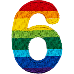 This patch is the number 6 in a bold font. It is coloured by descending rainbow stripes.