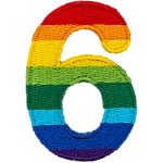 This patch is the number 6 in a bold font. It is coloured by descending rainbow stripes.