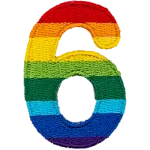 This patch is the number 6 in a bold font. It is coloured by descending rainbow stripes.