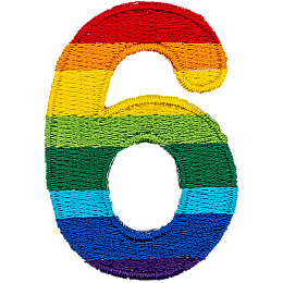 This patch is the number 6 in a bold font. It is coloured by descending rainbow stripes.