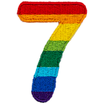 This patch is the number 7 in a bold font. It is coloured by descending rainbow stripes.