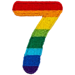 This patch is the number 7 in a bold font. It is coloured by descending rainbow stripes.