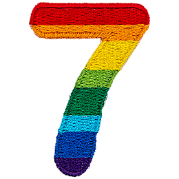 This patch is the number 7 in a bold font. It is coloured by descending rainbow stripes.