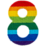 This patch is the number 8 in a bold font. It is coloured by descending rainbow stripes.