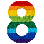This patch is the number 8 in a bold font. It is coloured by descending rainbow stripes.